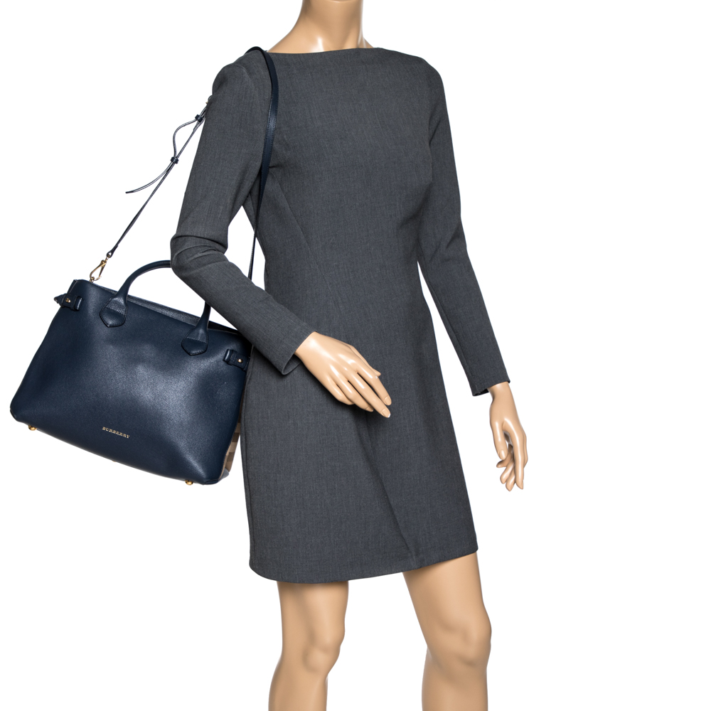 

Burberry Blue Leather and House Check Fabric Medium Banner Tote