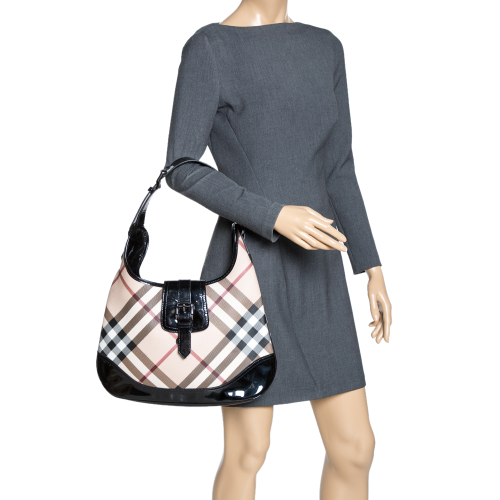 

Burberry Black/Beige Nova Check PVC and Patent Leather Large Brooke Hobo