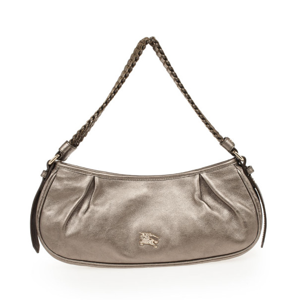 Pre Owned Burberry Silver Medium Metallic Grainy Leather Hobo