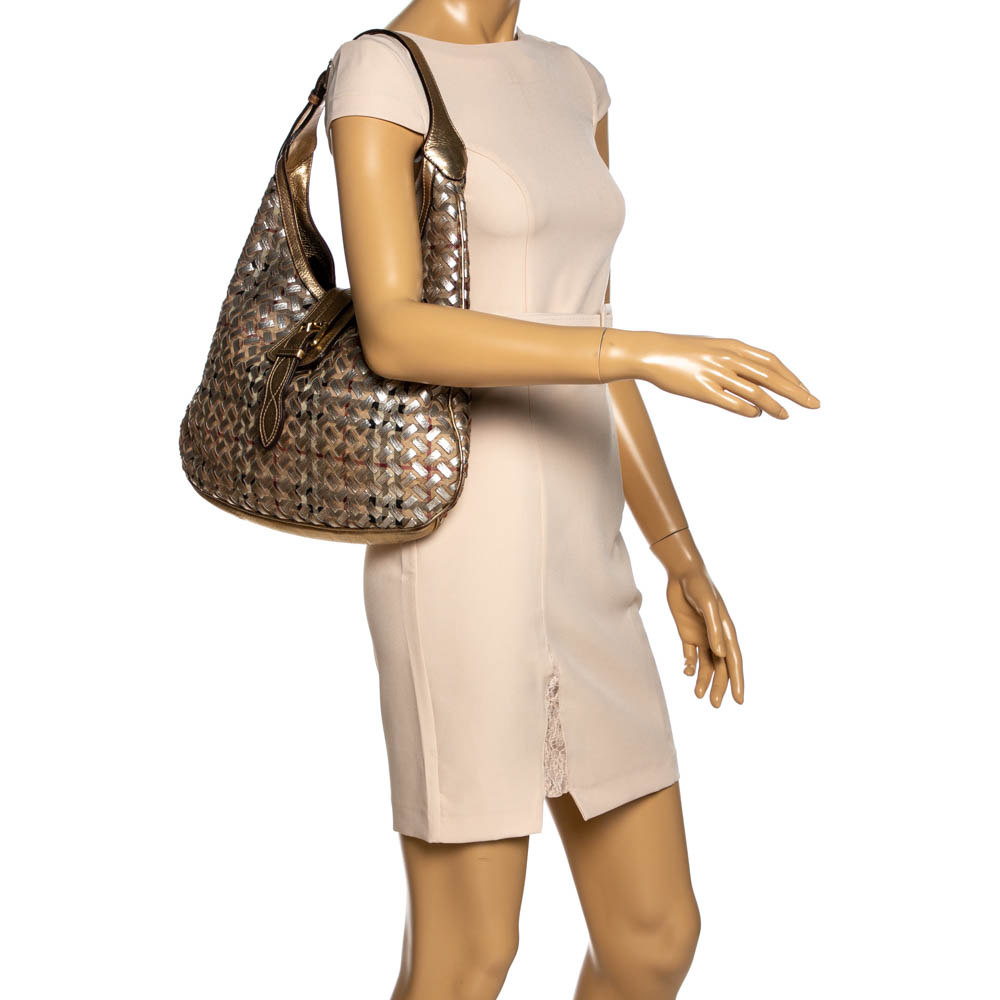 

Burberry Gold/Silver Woven Check PVC and Leather Brooke Hobo