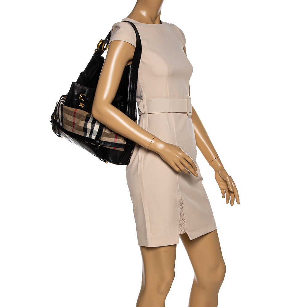 

Burberry Black/Beige House Check Canvas and Leather Bridle Hobo