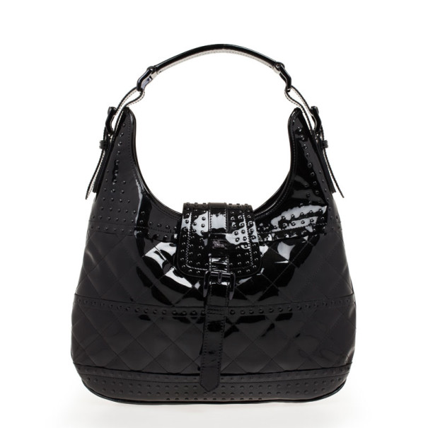 مملوكة مسبقًا Burberry Black Patent Studded 'Brooke' Hobo