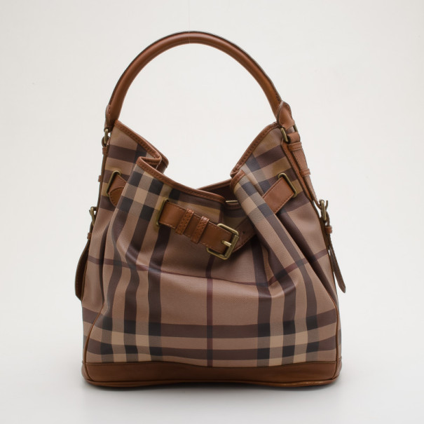 Pre Owned Burberry Brown Medium Smoked Check Hobo