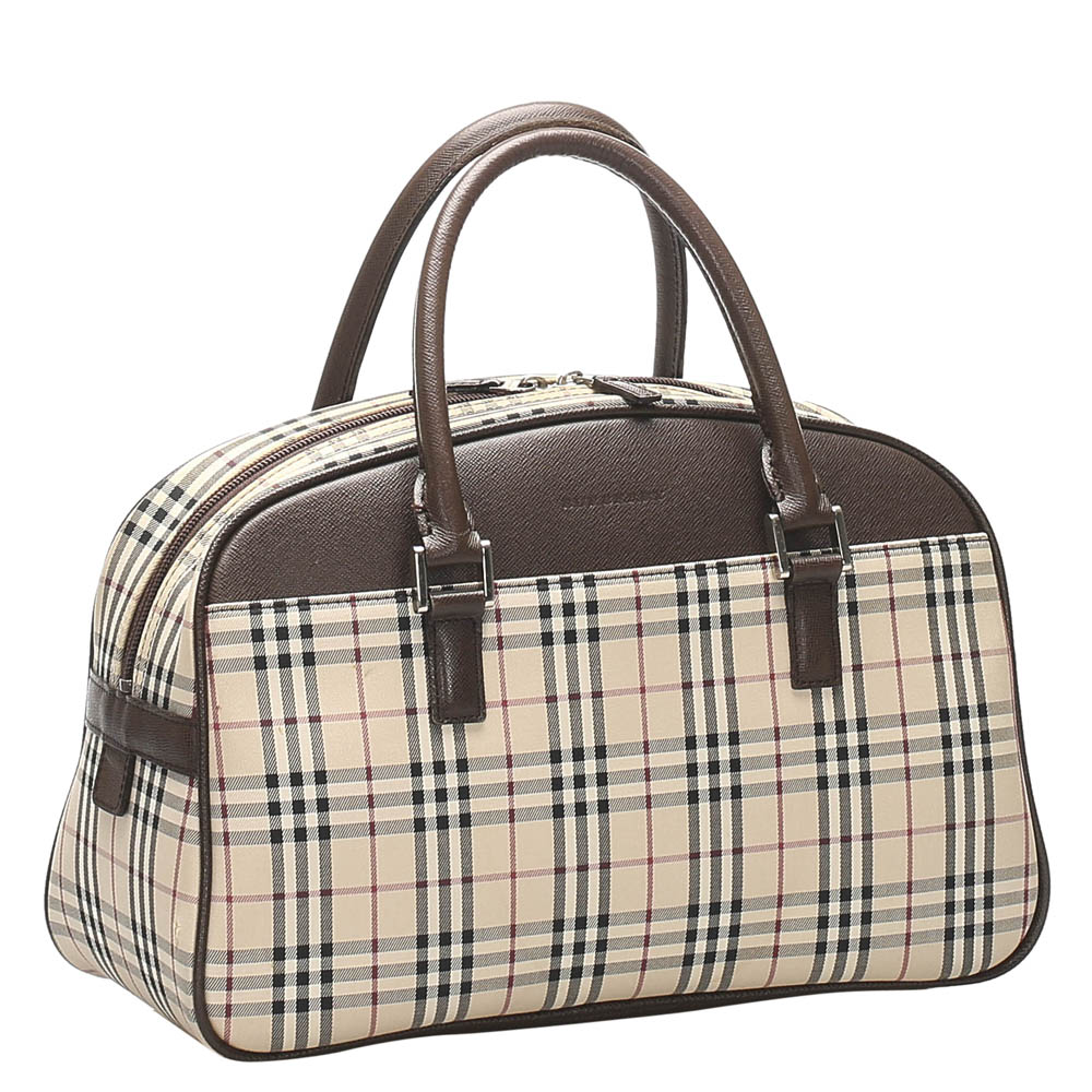 

Burberry Brown Leather-trimmed Check Canvas Haymarket Bag, Beige