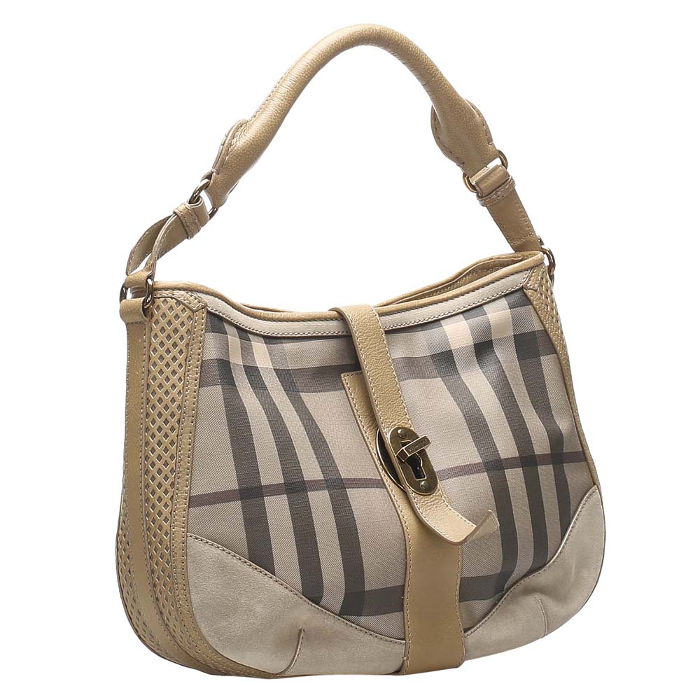 

Burberry Brown Canvas and Leather Beat Check Hobo Bag, Beige