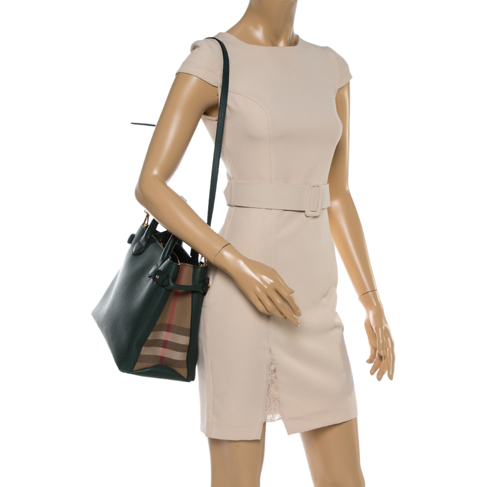 

Burberry Green/Beige Leather and House Check Fabric Medium Banner Tote