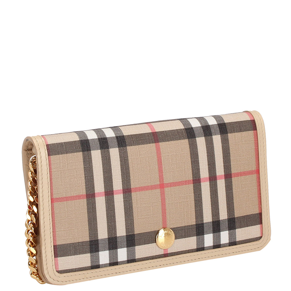 

Burberry Haymarket Check E-Canvas Wallet on Chain Bag, Beige