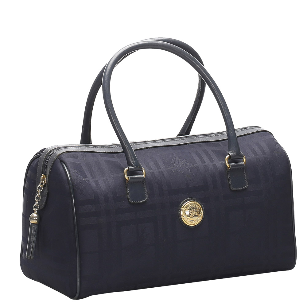 

Burberry Blue Plaid Canvas Boston Bag, Navy blue