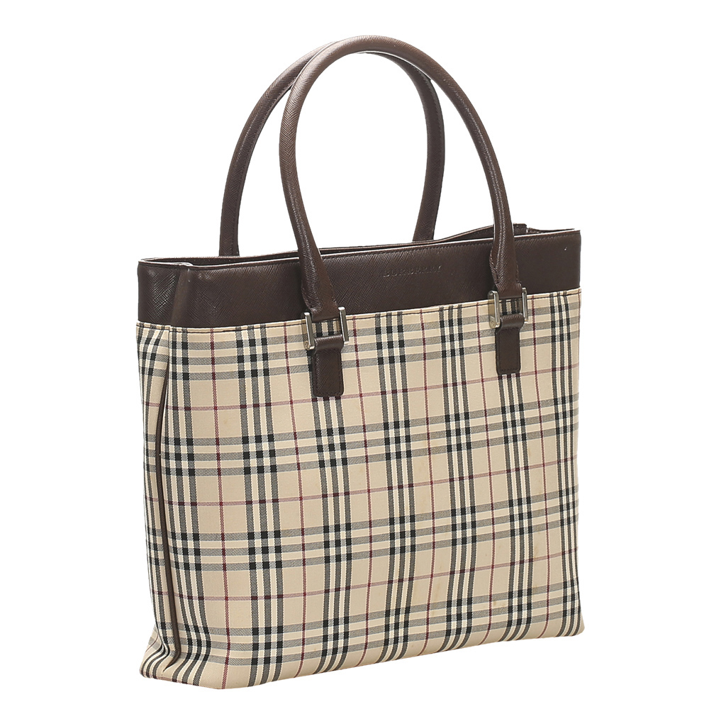 

Burberry Brown Check Canvas/Leather Tote Bag, Beige