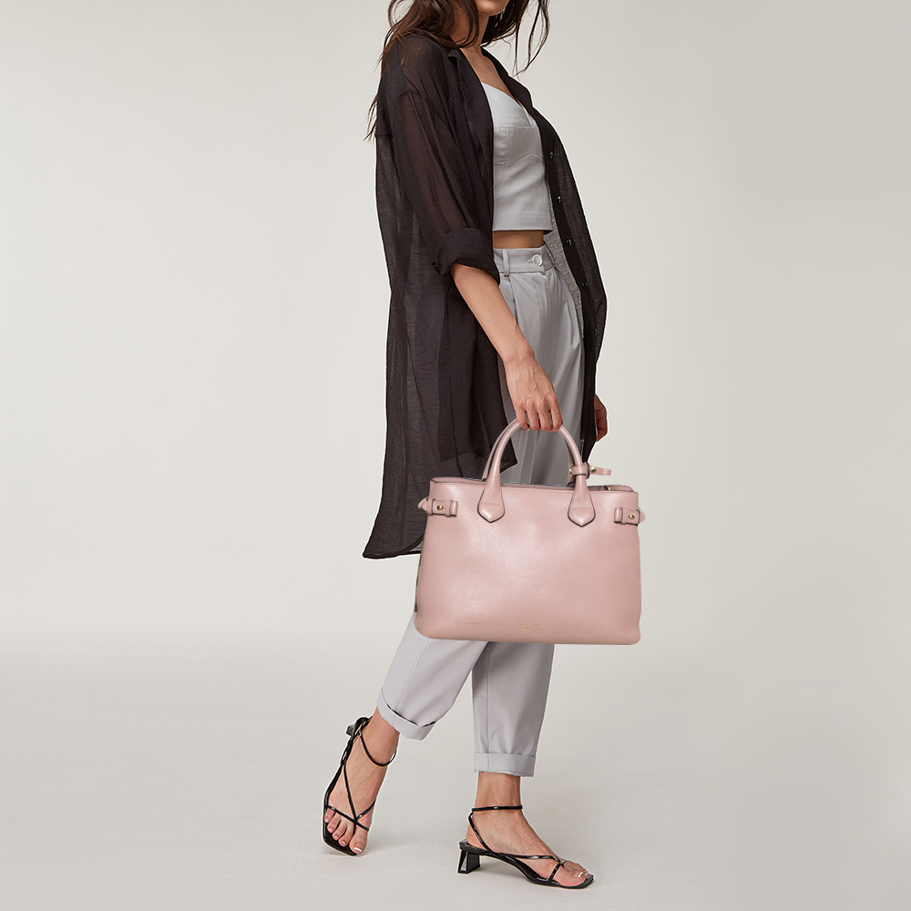 

Burberry Powder Pink Leather and House Check Fabric Medium Banner Tote