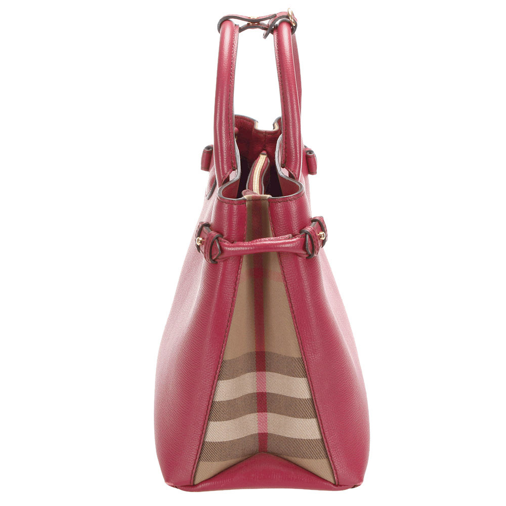 

Burberry Red Leather and House Check Canvas Banner Medium Bag