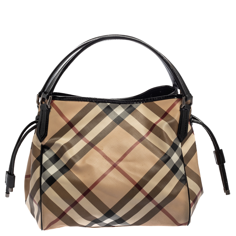 Pre-owned Burberry Beige/black Supernova Check Coated Canvas And Patent Leather Bilmore Tote