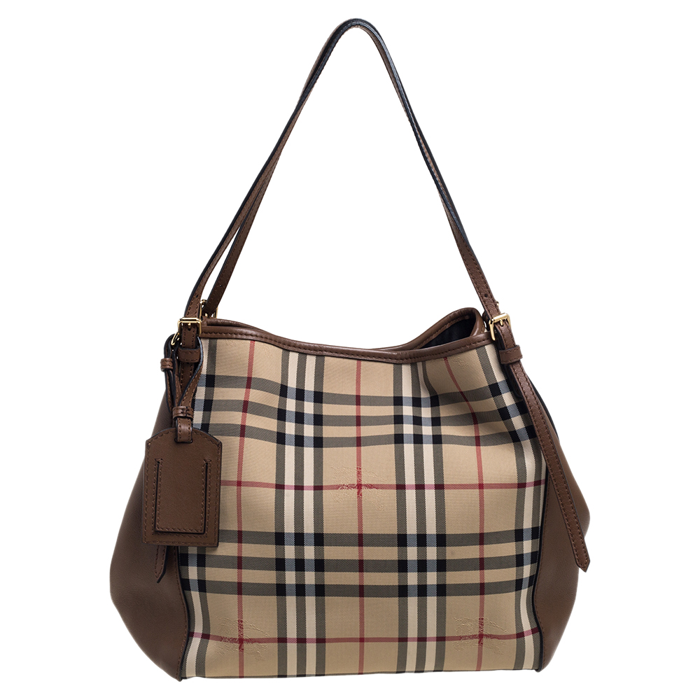 Pre-owned Burberry Brown/beige Haymarket Check Nylon And Leather Small Canterbury Tote