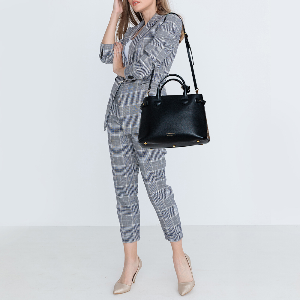 

Burberry Black Leather and House Check Fabric Medium Banner Tote