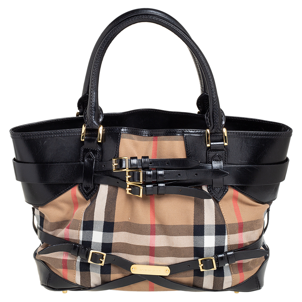 Pre Owned Burberry Black House Check Canvas and Leather Medium Bridle Lynher Tote