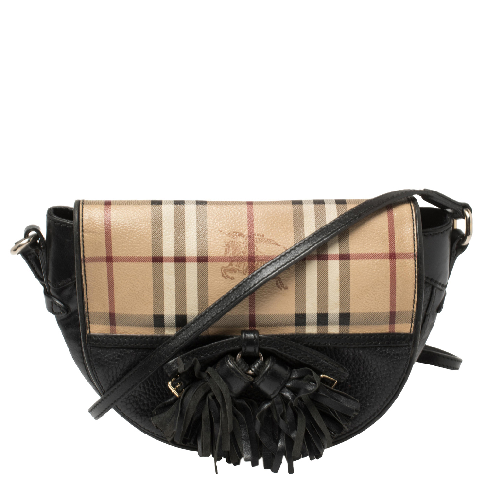 Pre-owned Burberry Black Haymarket Check Leather Maydown Crossbody Bag