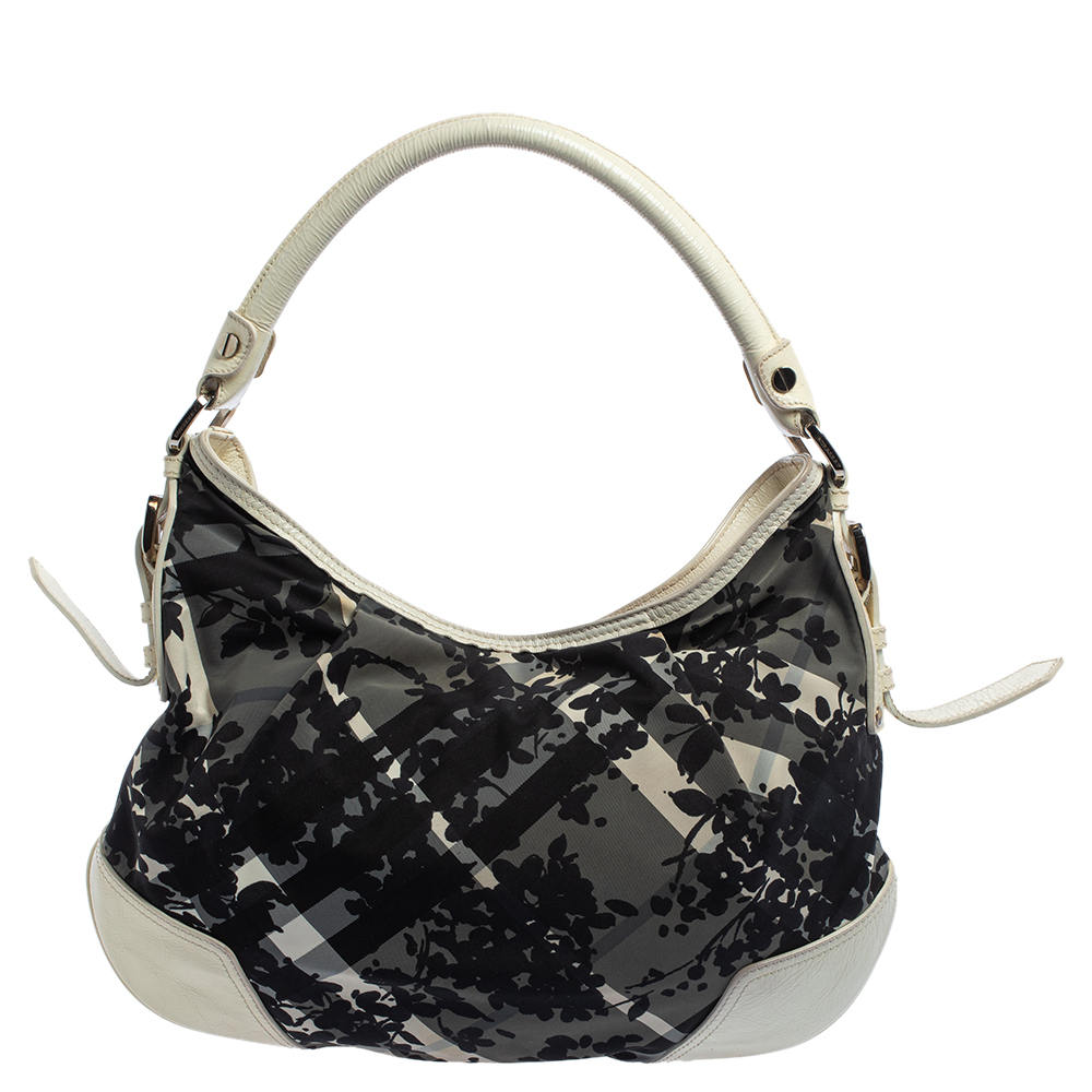 Pre-owned Burberry Black/white Floral Beat Check Nylon And Patent Leather Small Foley Hobo