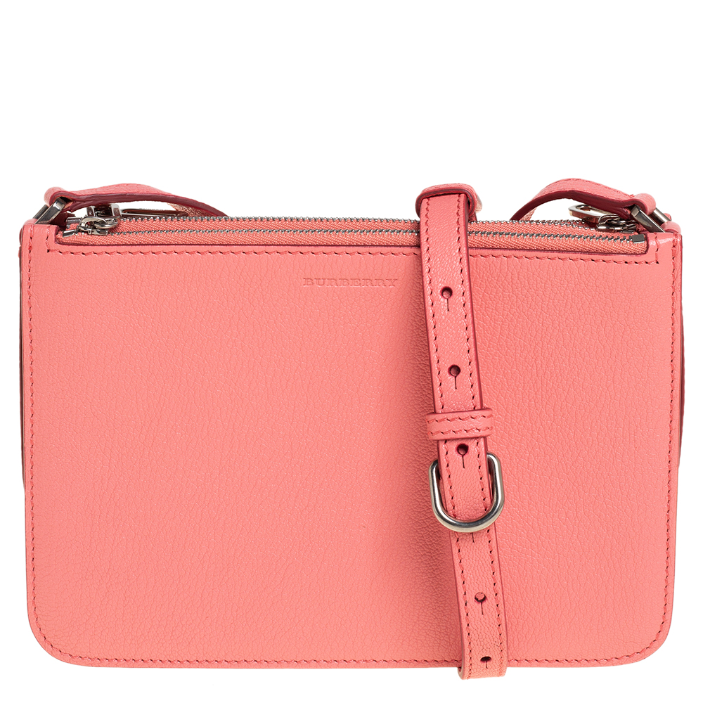 Pre-owned Burberry Blush Pink Leather Triple Zip Crossbody Bag