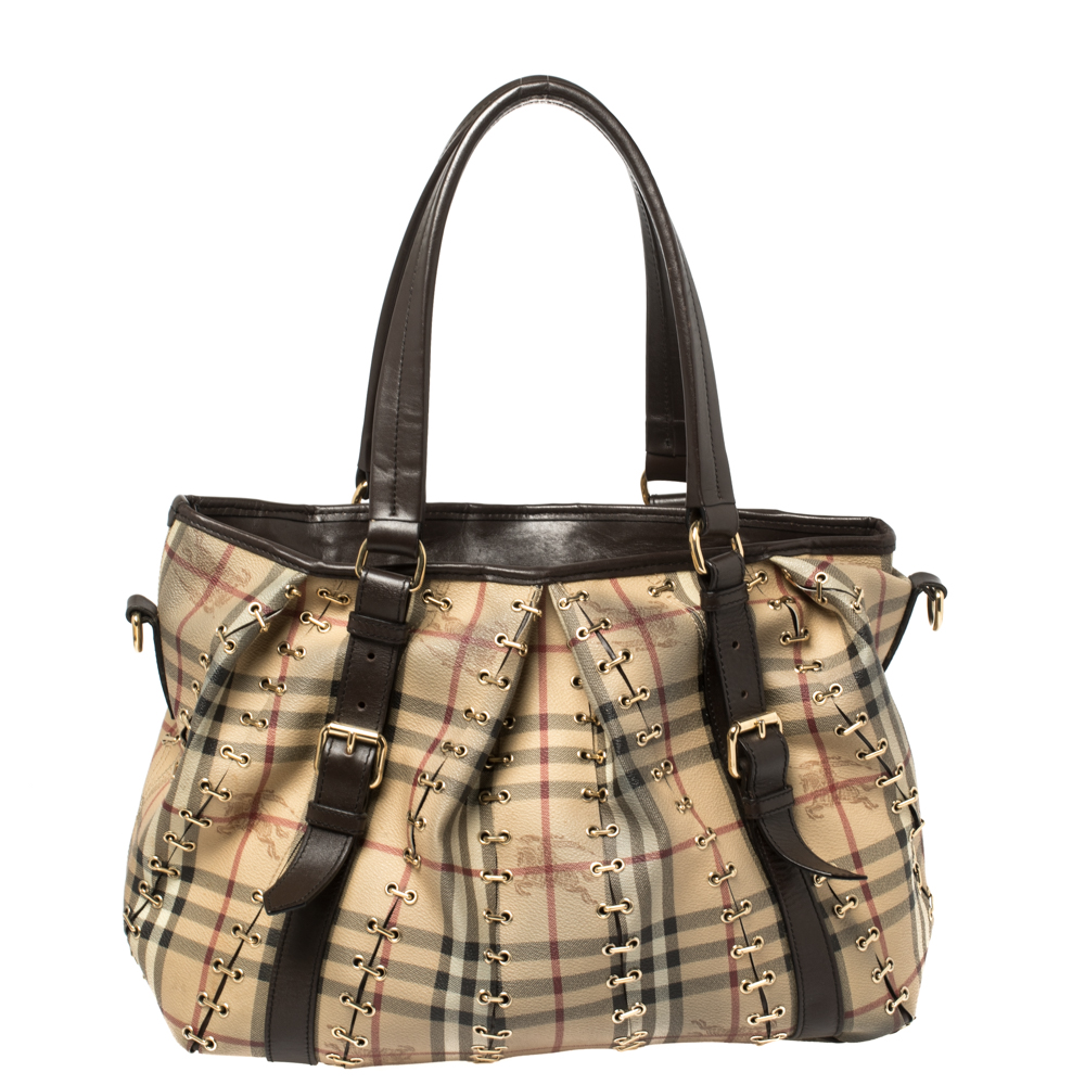 Pre-owned Burberry Beige/dark Brown Haymarket Check Canvas And Leather Metal Stitch Lowry Tote
