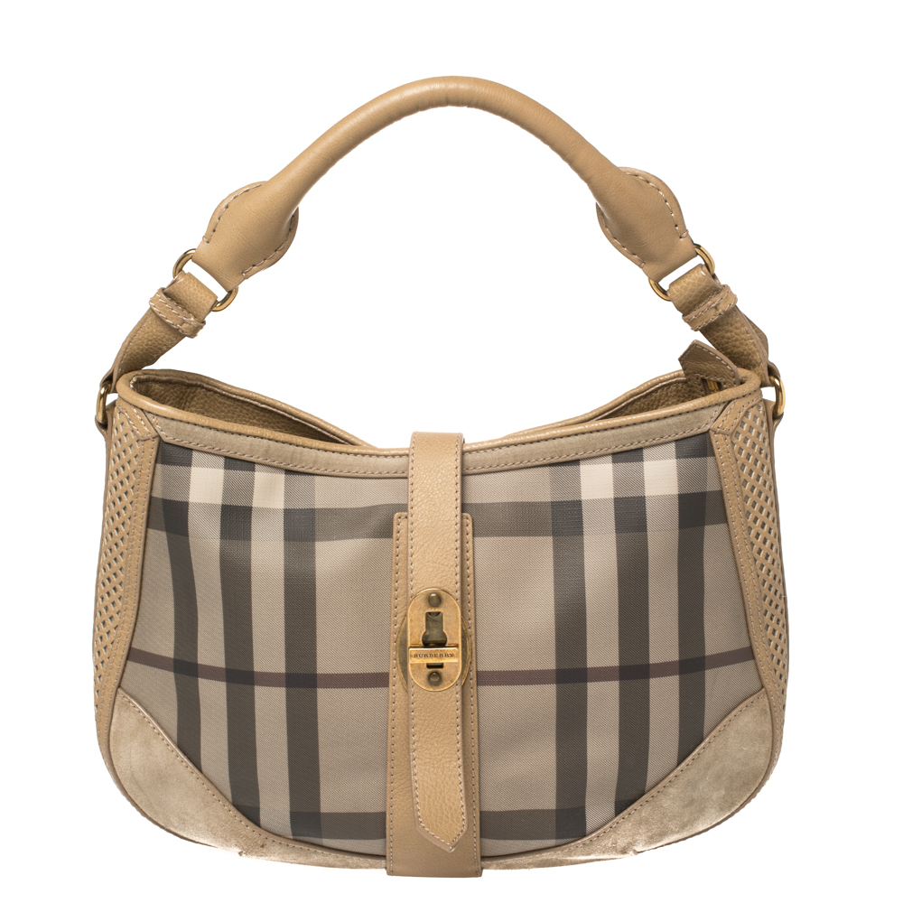 Pre-owned Burberry Beige Beat Check Pvc, Leather And Suede Bartow Perforated Hobo