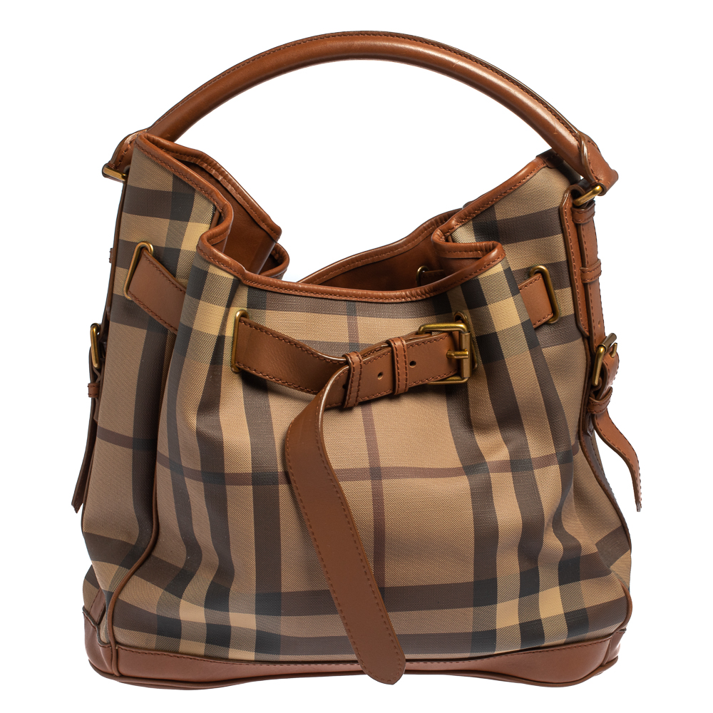 Pre-owned Burberry Brown Smoked Check Coated Canvas And Leather Walden Hobo