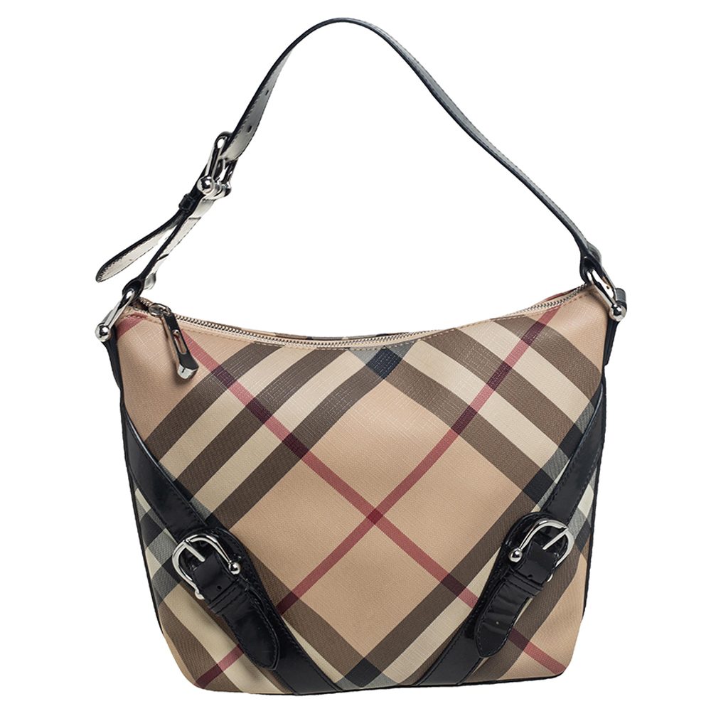 Burberry Beige/Black Nova Check Coated Canvas and Patent Leather Hobo  Burberry | TLC