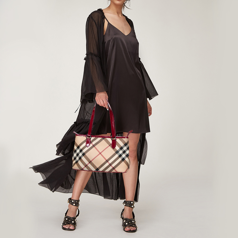 

Burberry Nova Check PVC and Patent Leather Top Zip Tote, Red