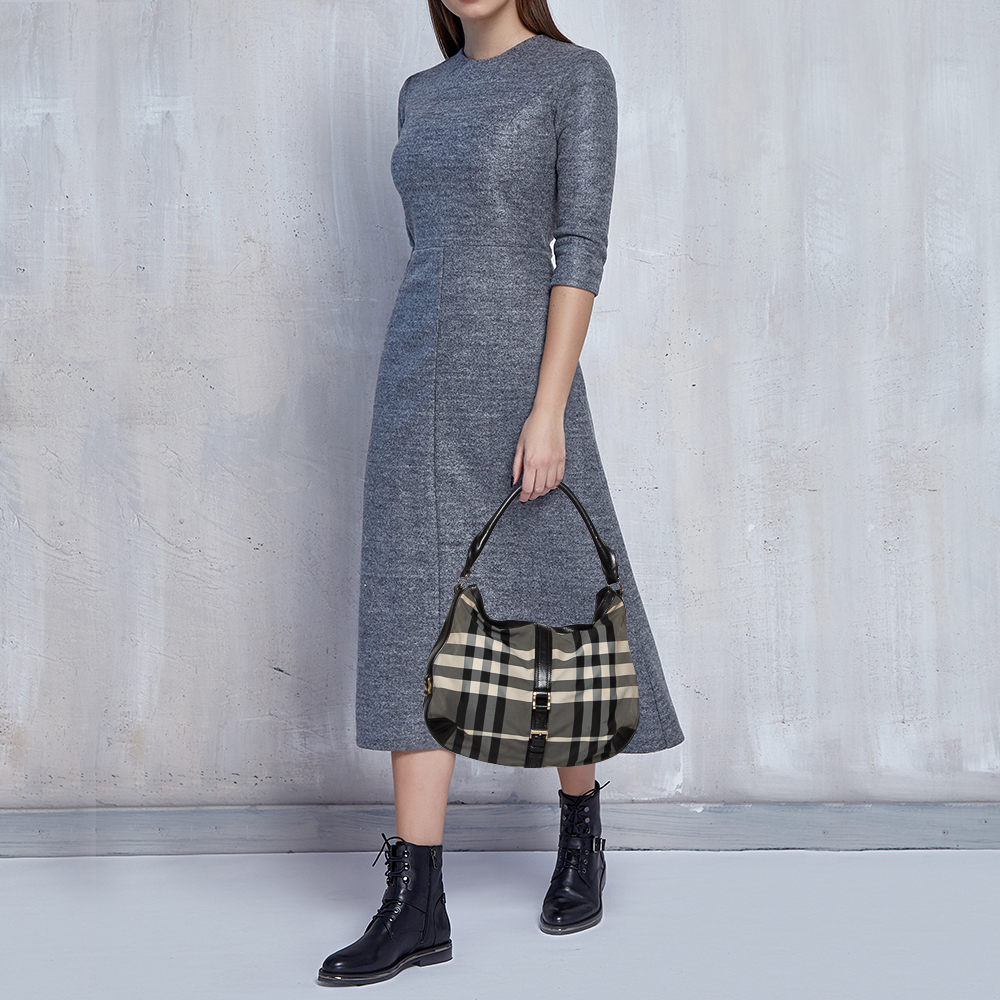 

Burberry Black/White Check Nylon and Leather Hobo