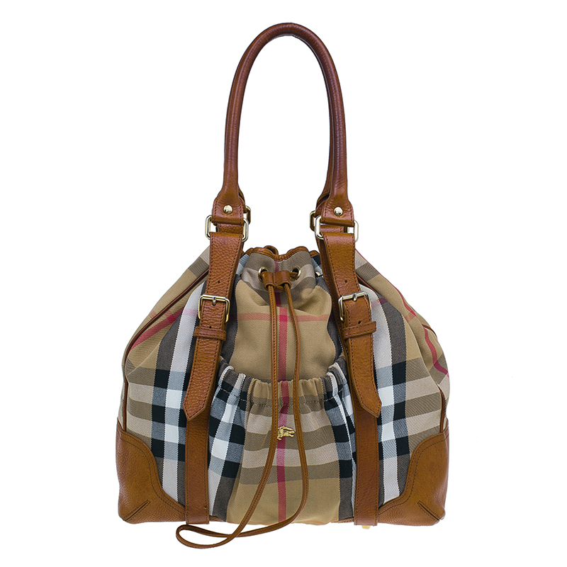 Pre Owned Burberry Brown Canvas/Leather House Check Drawstring Tote Bag