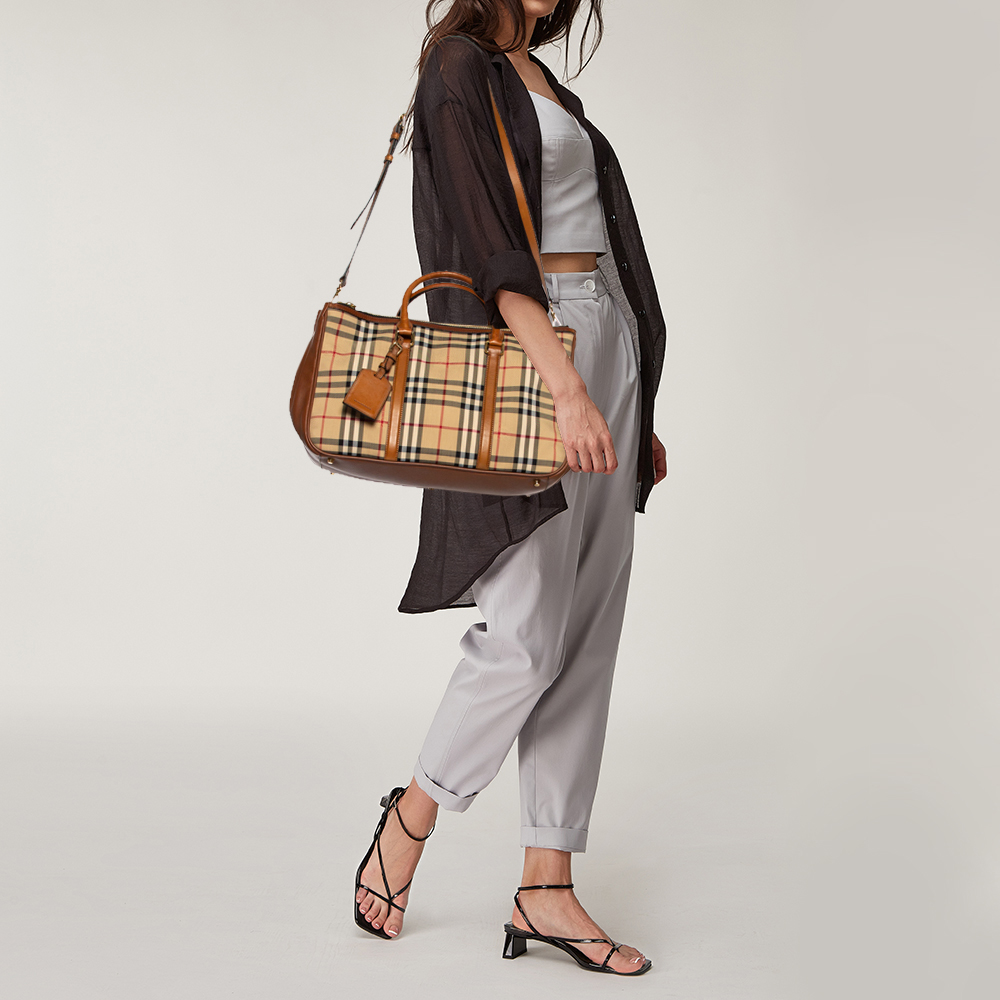 

Burberry Brown/Beige Haymarket Canvas and Leather Double Zip Tote