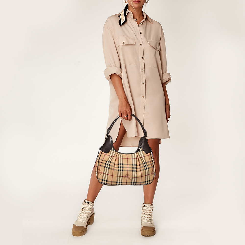 

Burberry Beige/Brown Haymarket Coated Canvas and Leather Brooklyn Hobo