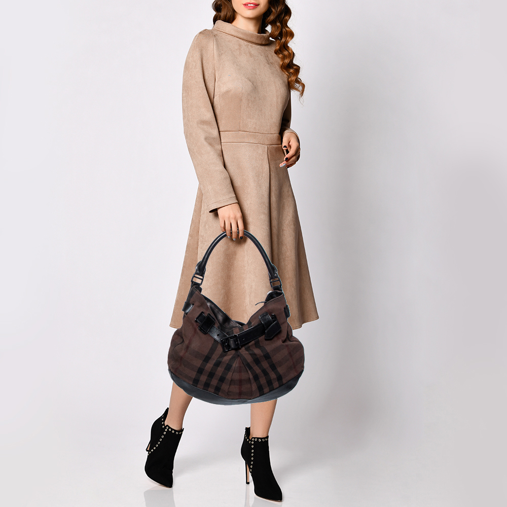 

Burberry Brown/Black Check Canvas and Leather Buckle Hobo