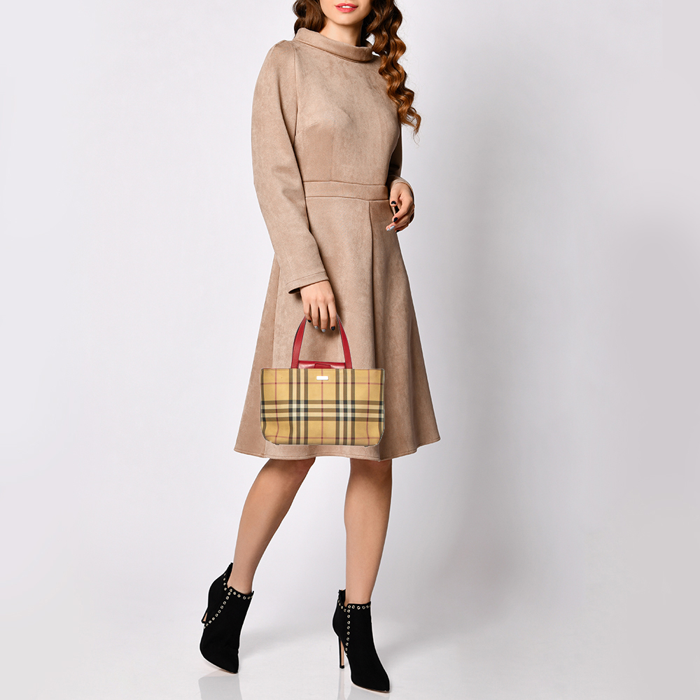 

Burberry Beige/Red Nova Check Coated Canvas and Leather Tote