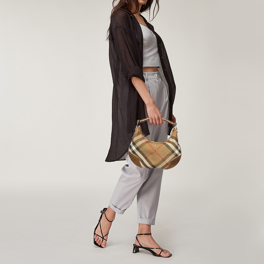 

Burberry Metallic Beige Nova Check Canvas and Leather Hobo