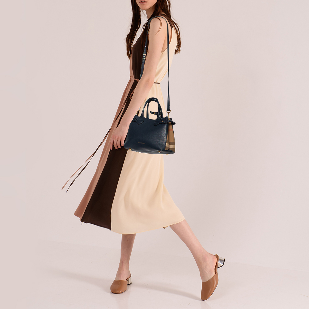 

Burberry Blue/Beige Leather and House Check Fabric Small Banner Tote
