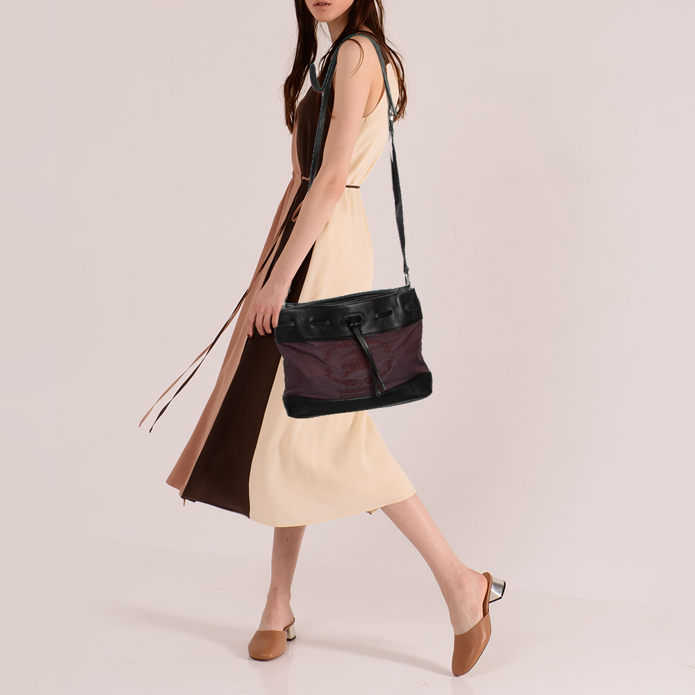 

Burberry Iridescent Black Logo Embroidered Fabric and Leather Drawstring Shoulder Bag