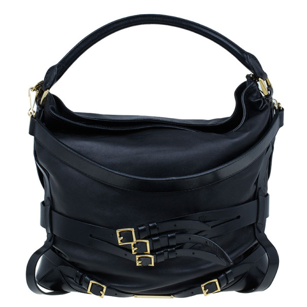 مملوكة مسبقًا Burberry Black Lambskin Leather Belted Hobo