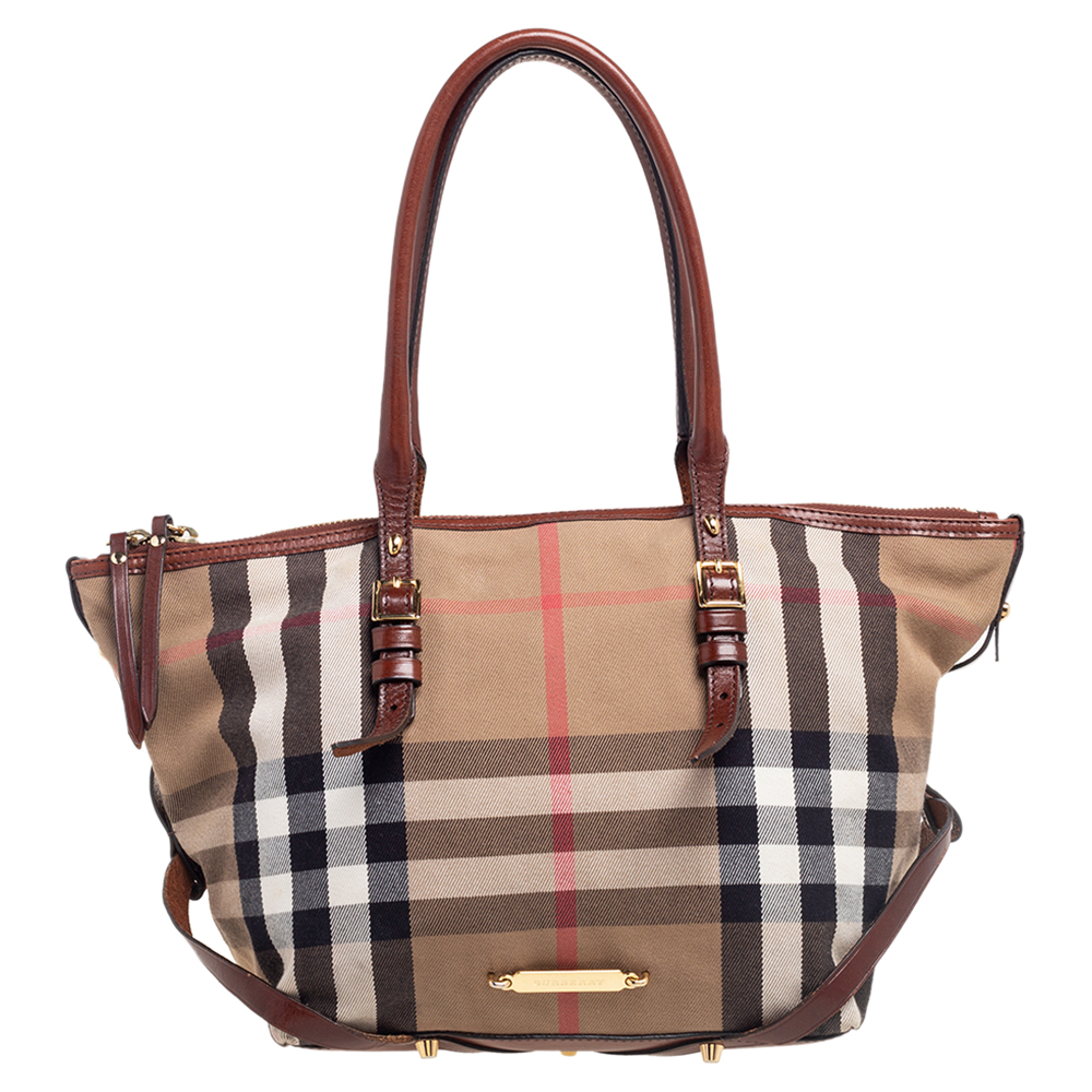 Pre-owned Burberry Brown/beige House Check Canvas And Leather Bridle Tote
