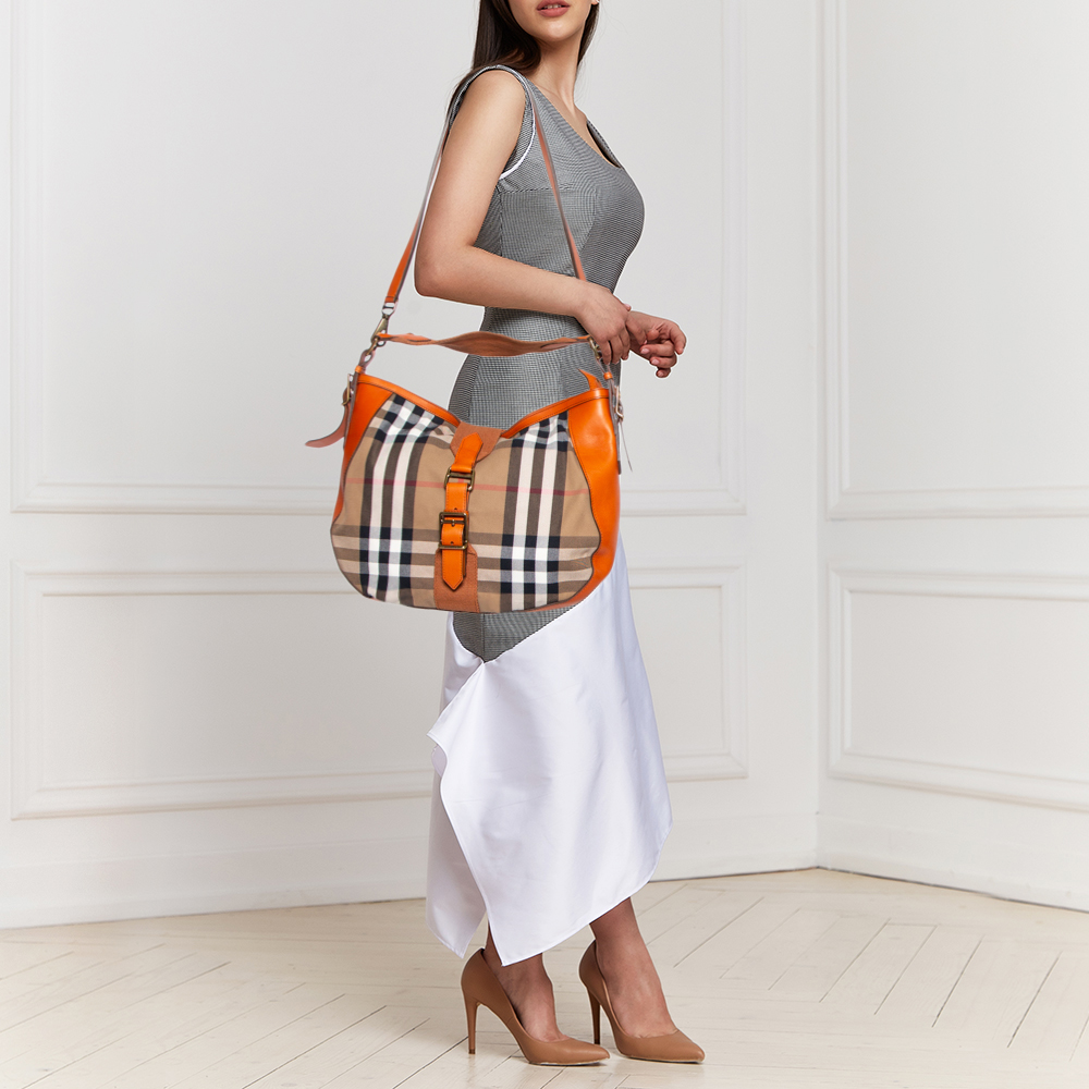 

Burberry Orange/Beige Nova Check Canvas and Leather Buckle Hobo
