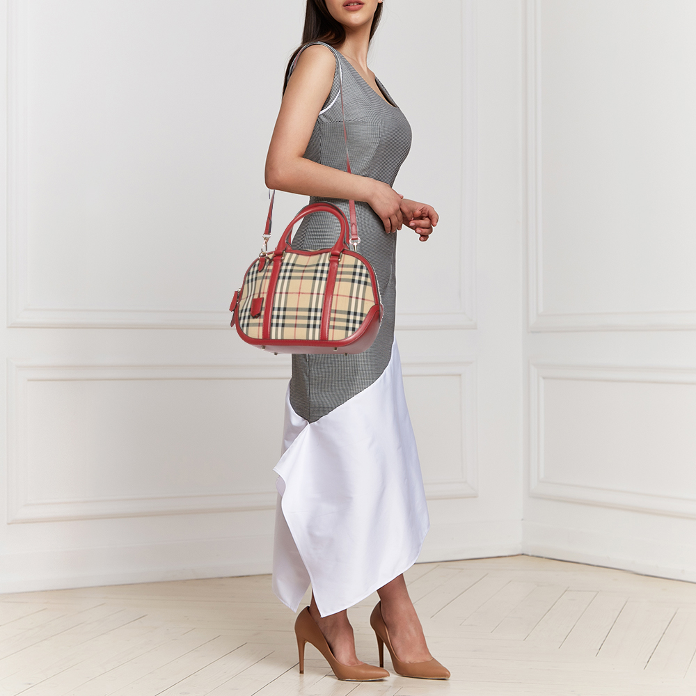 

Burberry Red/Beige Haymarket Check Canvas and Leather Small Orchard Bowler Bag