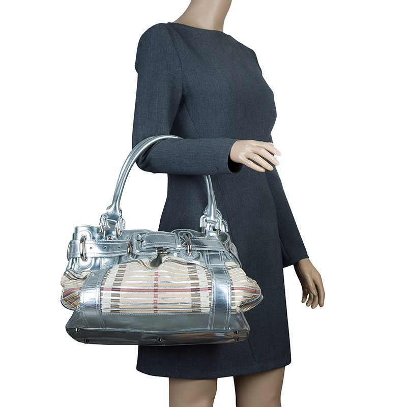 Pre Owned Burberry Silver/Beige Sliced Canvas and Leather Large Beaton Tote