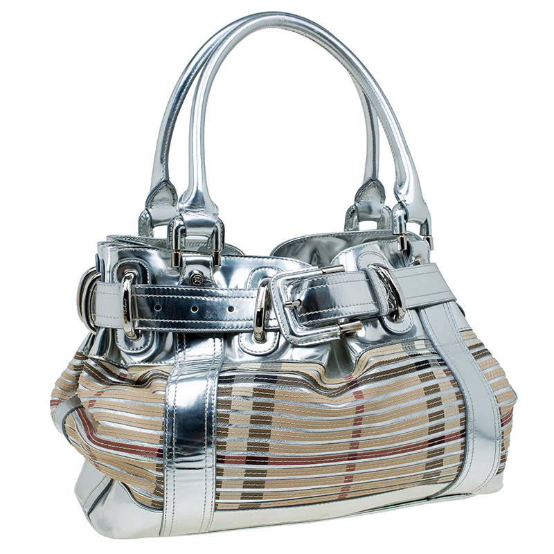 Pre Owned Burberry Silver/Beige Sliced Canvas and Leather Large Beaton Tote