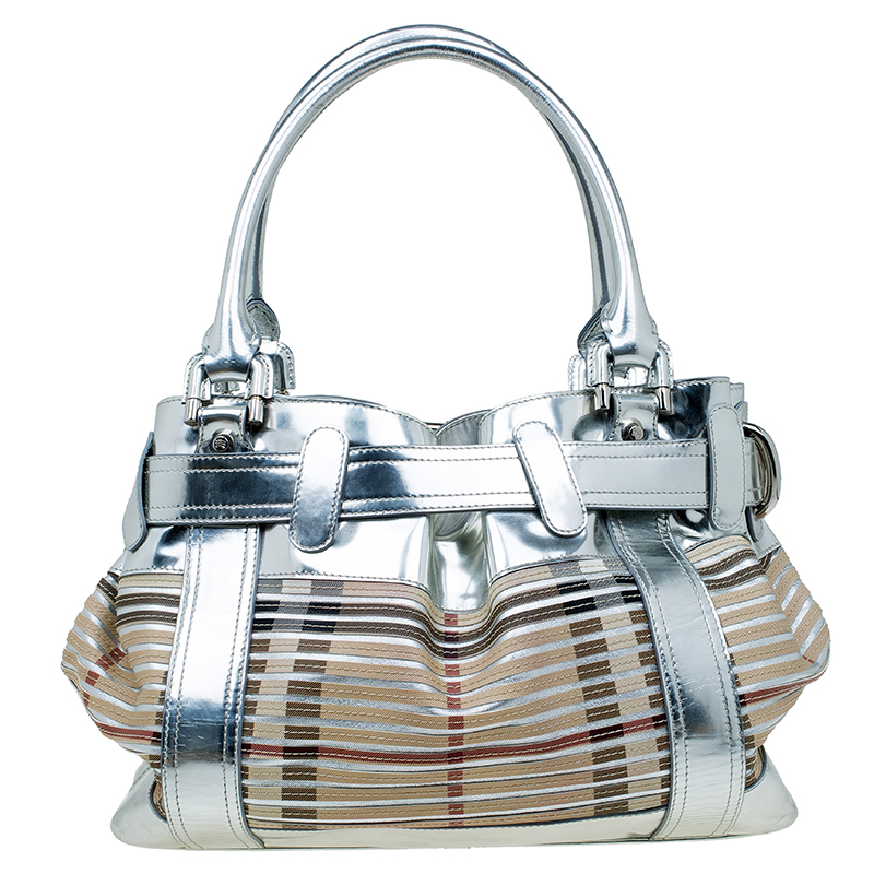 Pre Owned Burberry Silver/Beige Sliced Canvas and Leather Large Beaton Tote