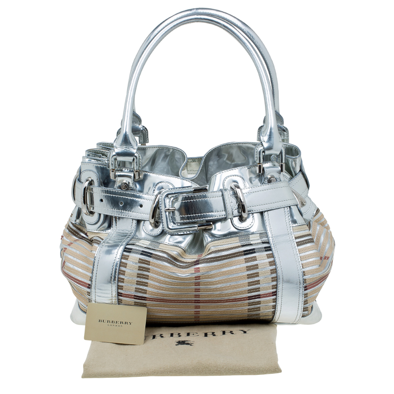 Pre Owned Burberry Silver/Beige Sliced Canvas and Leather Large Beaton Tote