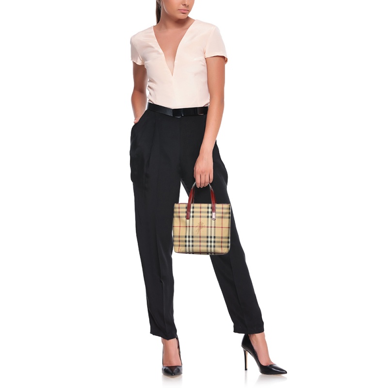 

Burberry Beige/Red Haymarket Check PVC And Leather Tote