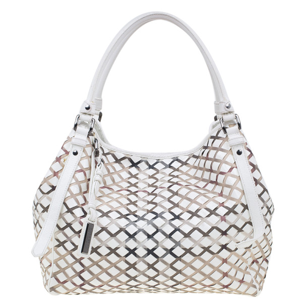 Pre Owned Burberry White Basket Weave Check Print Hobo