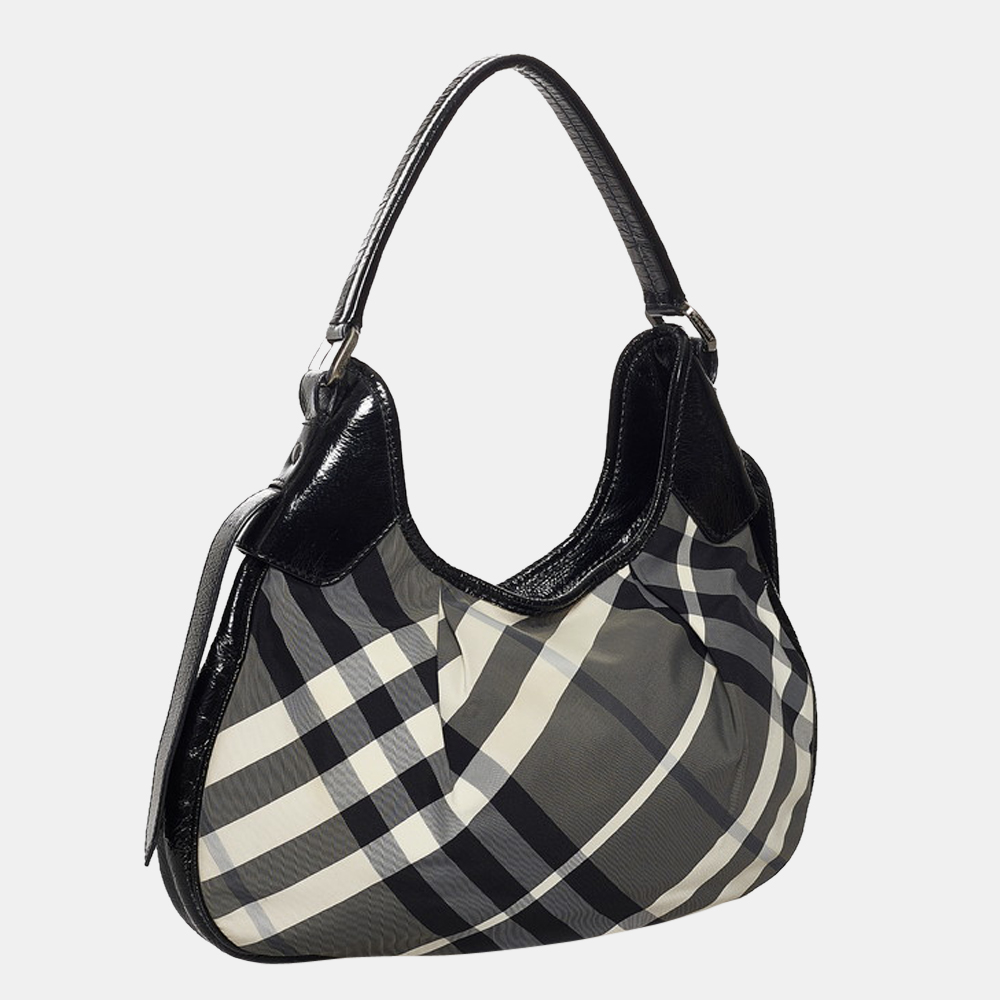 

Burberry Black Leather Canvas Beat Check Hobo Bag