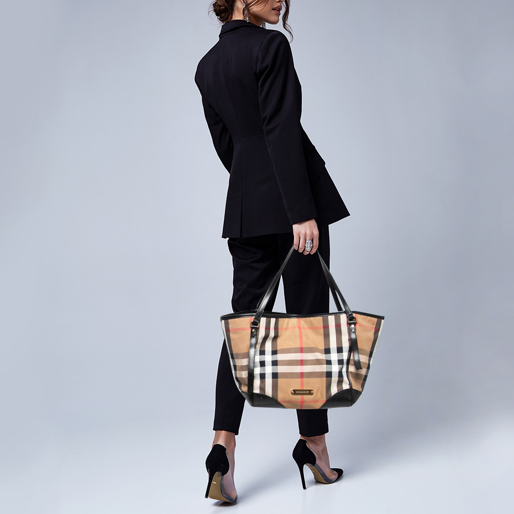 

Burberry Black/Beige House Check Canvas and Leather Bridle Tote