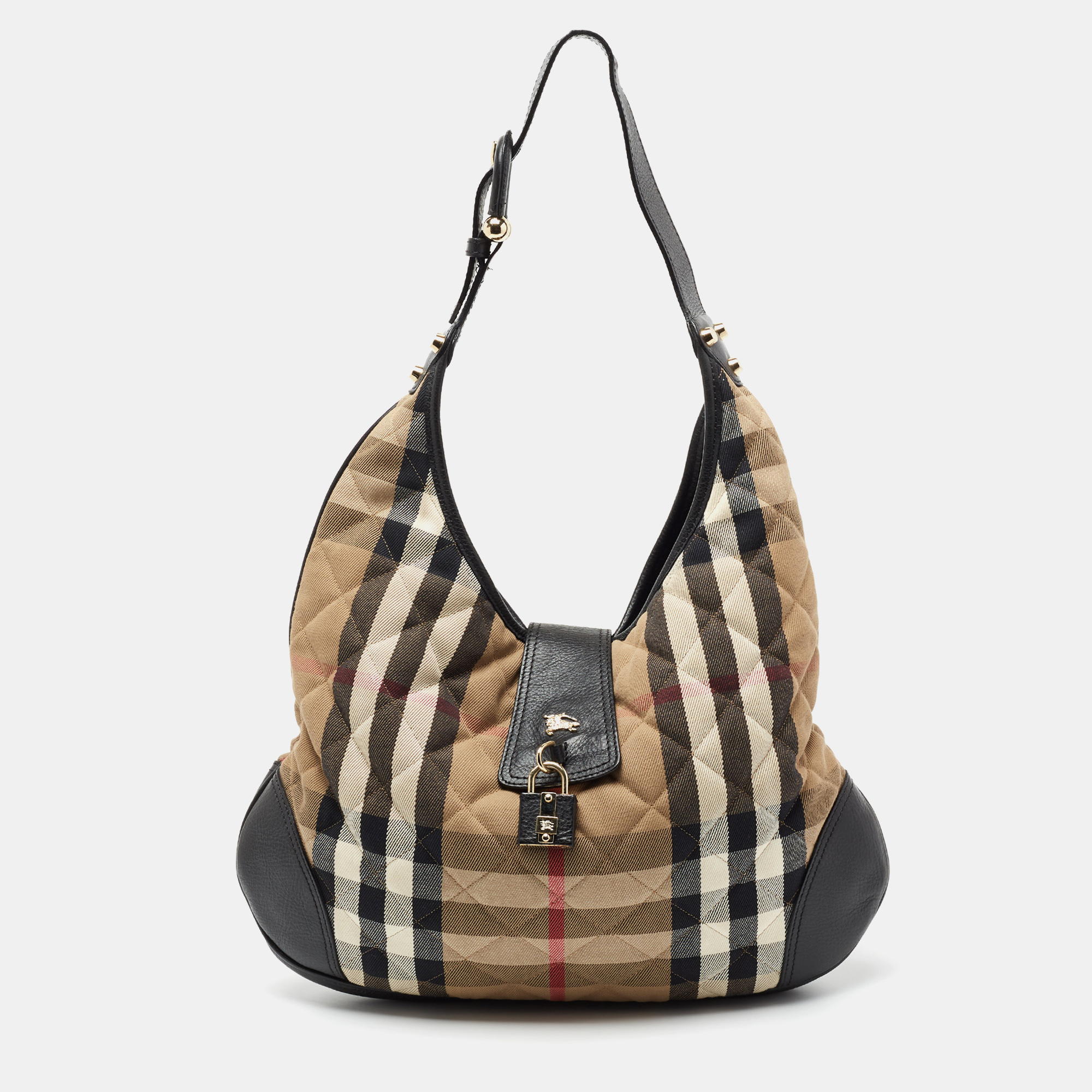 Pre Owned Burberry Black/Beige House Check Canvas and Leather Brook Hobo