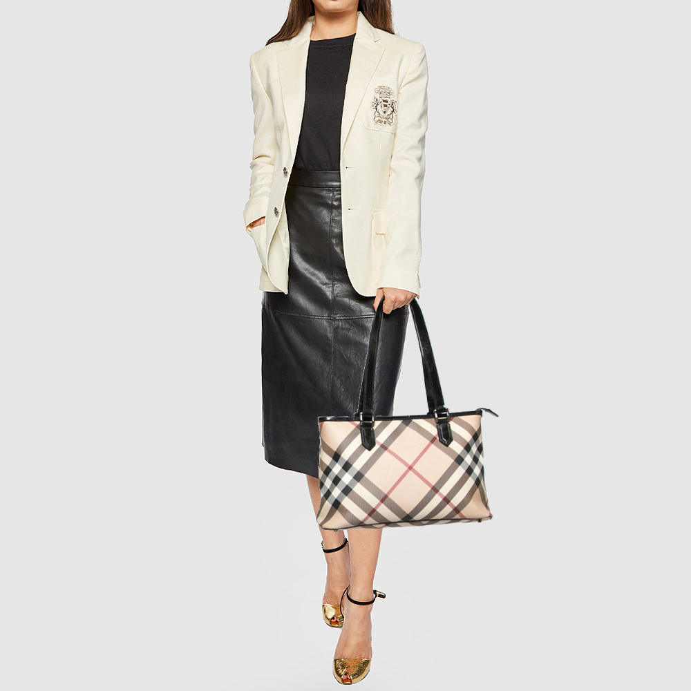 

Burberry Beige/Black Supernova Check Coated Canvas And Patent Leather Nickie Tote